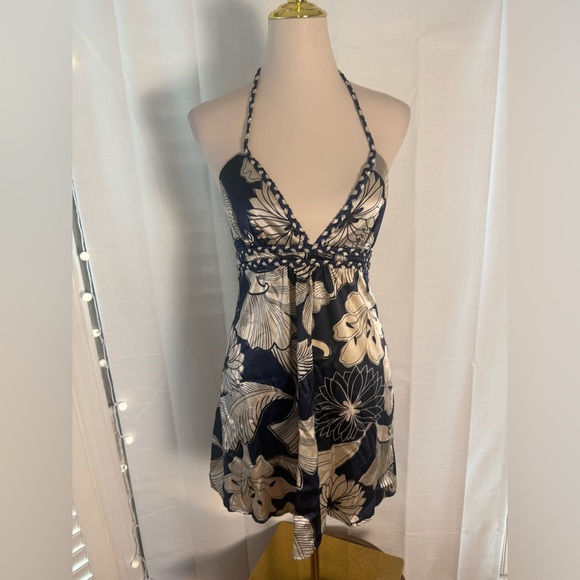 Miss Me Satin Halter Mini Dress Small Blue Floral Y2K 2000s Tropical Party - Picture 1 of 9